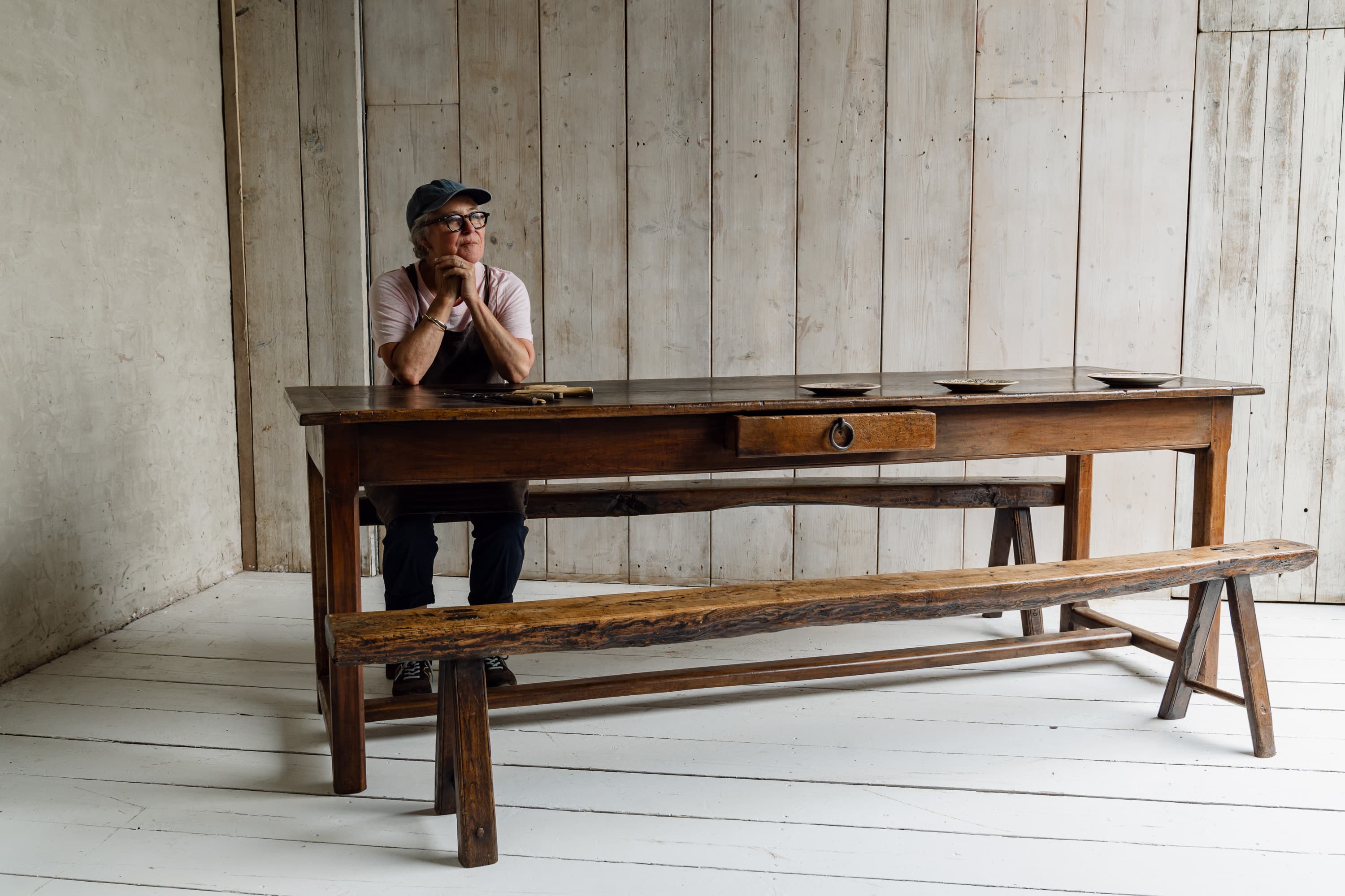 Exceptional French Alpine Chestnut Dining Table with Pair of Primitve Oak Benches, c.1850