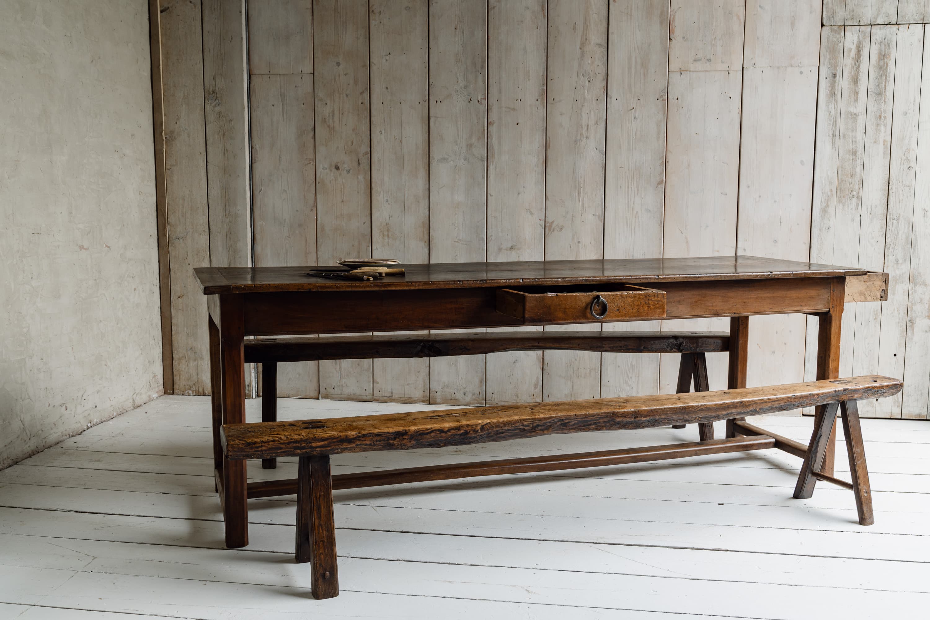 Exceptional French Alpine Chestnut Dining Table with Pair of Primitve Oak Benches, c.1850