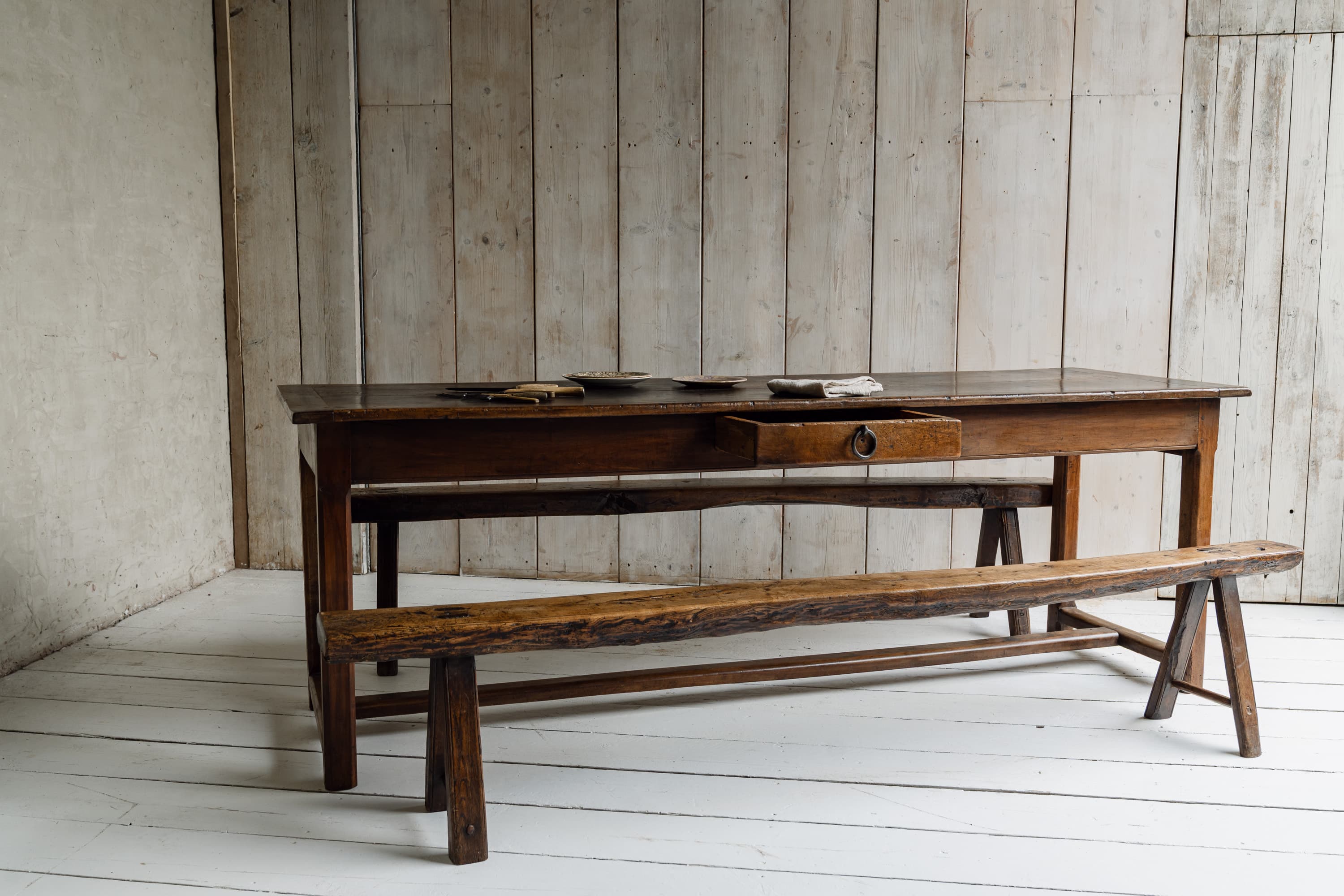 Exceptional French Alpine Chestnut Dining Table with Pair of Primitve Oak Benches, c.1850