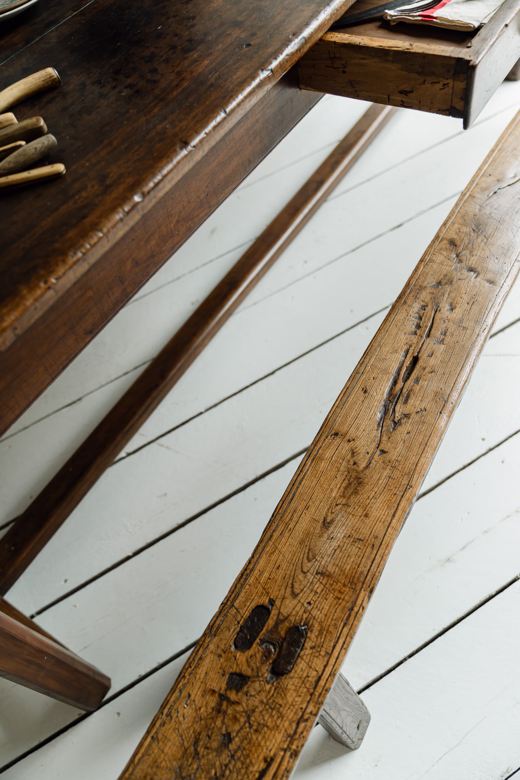 Exceptional French Alpine Chestnut Dining Table with Pair of Primitve Oak Benches, c.1850