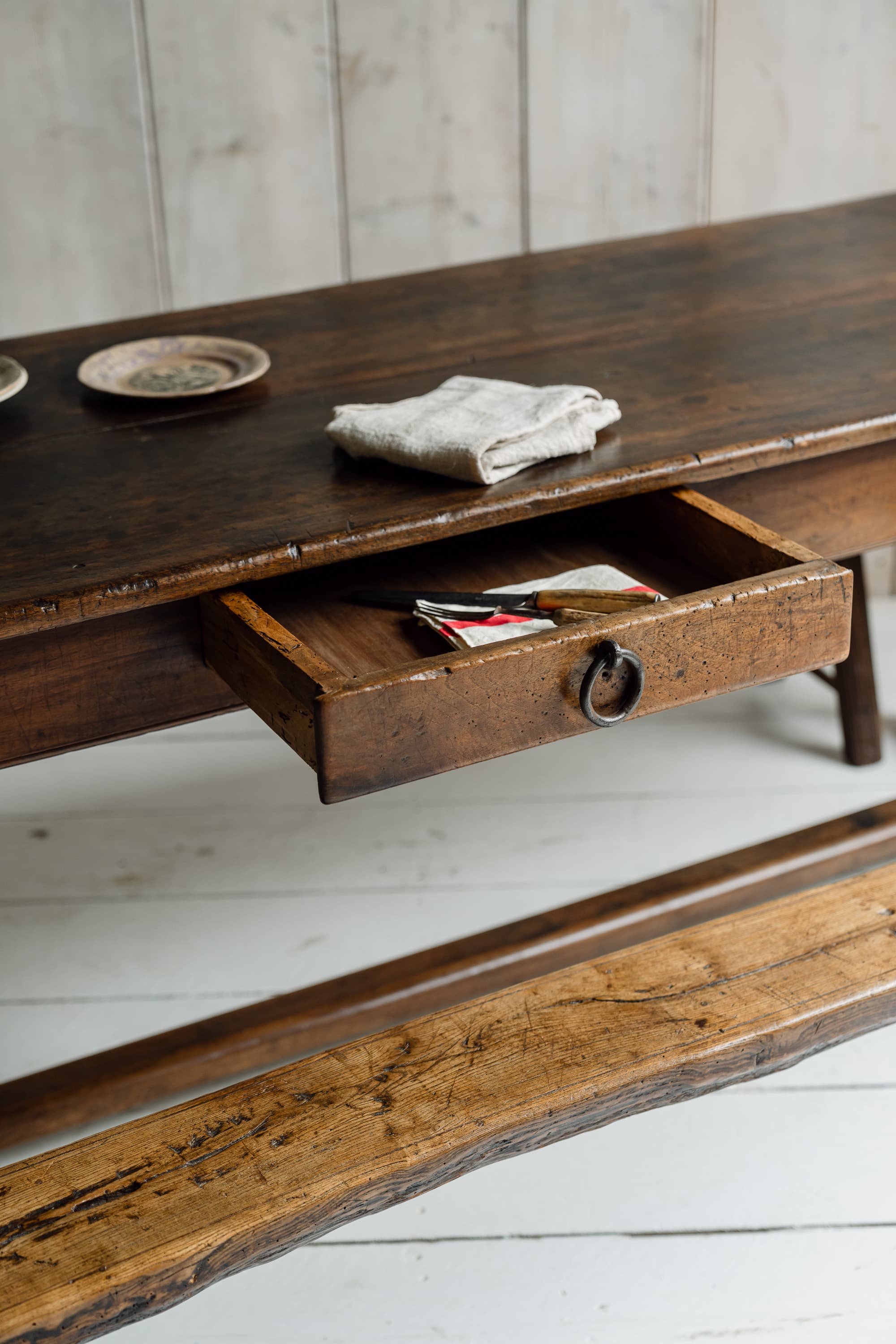 Exceptional French Alpine Chestnut Dining Table with Pair of Primitve Oak Benches, c.1850