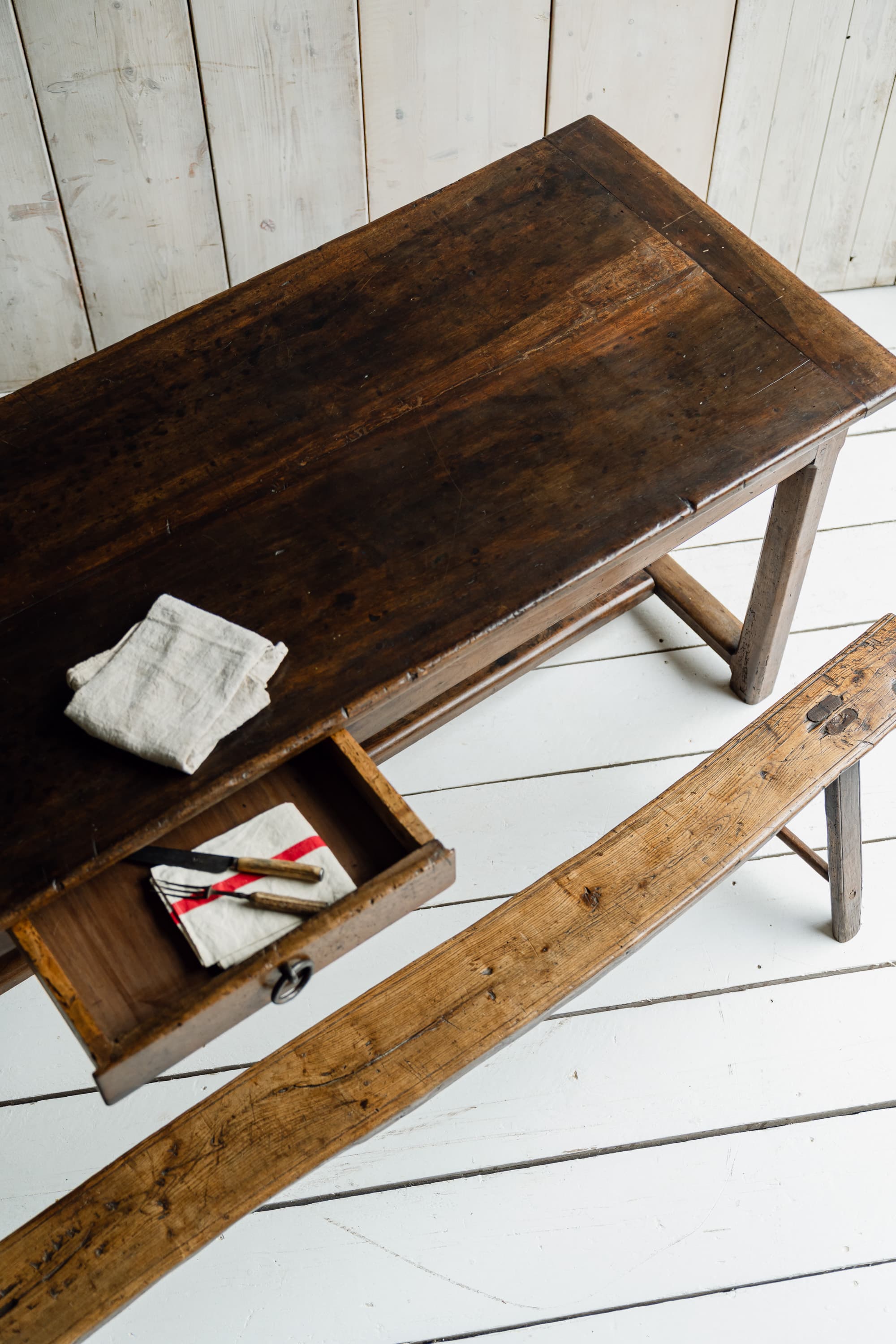 Exceptional French Alpine Chestnut Dining Table with Pair of Primitve Oak Benches, c.1850