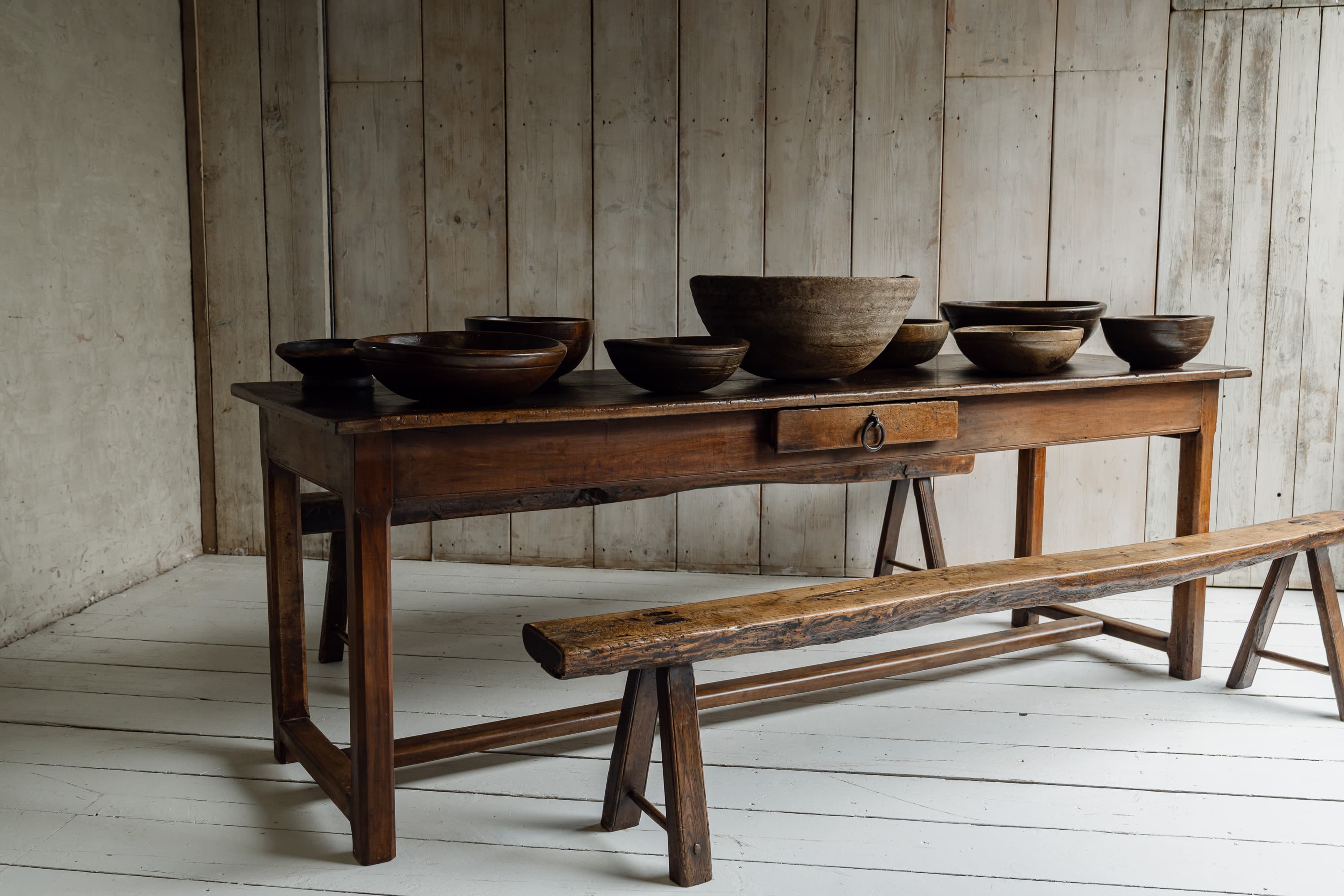 Exceptional French Alpine Chestnut Dining Table with Pair of Primitve Oak Benches, c.1850