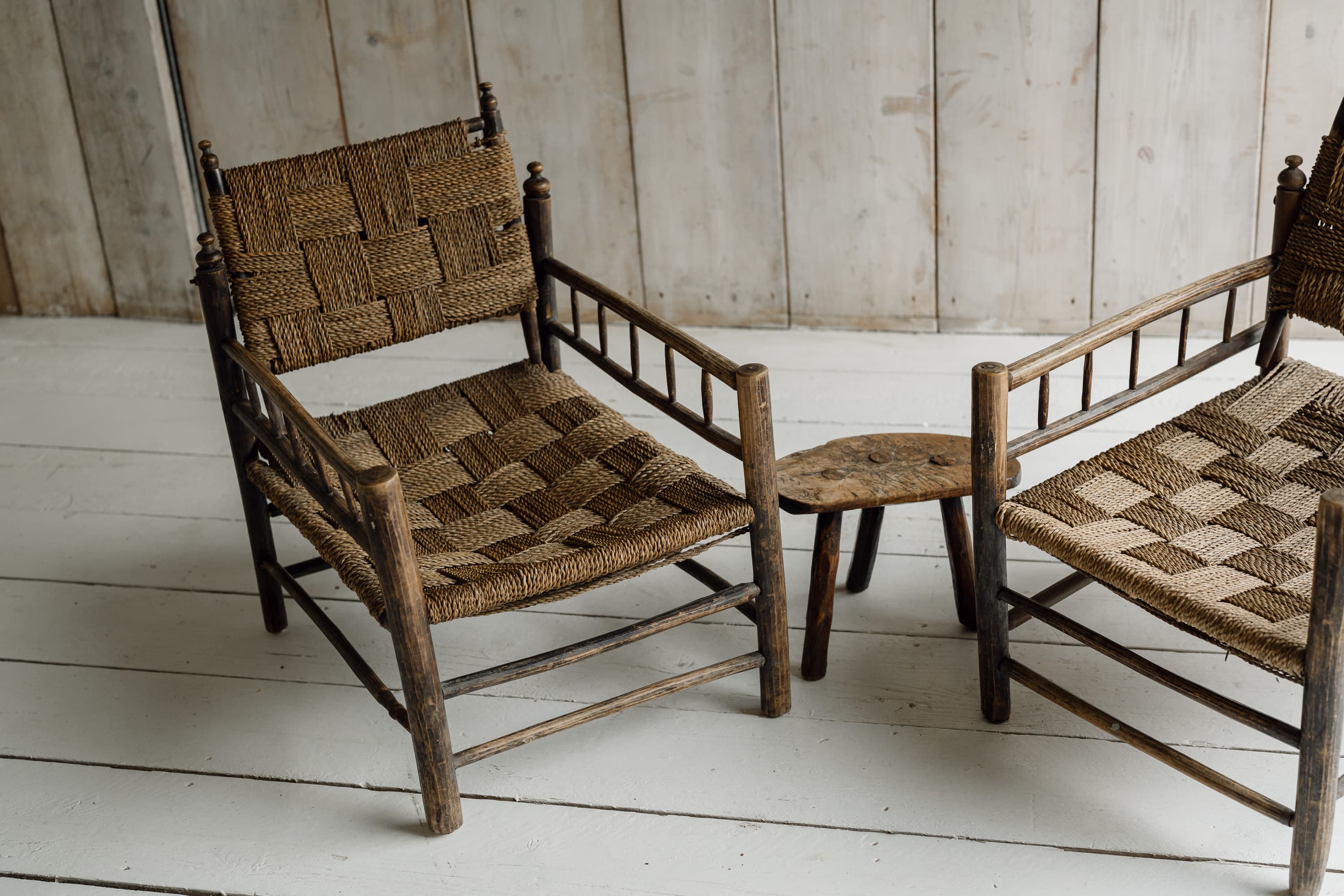 Pair of French Artisanal Woven Rope Lounge Armchairs, c.1950