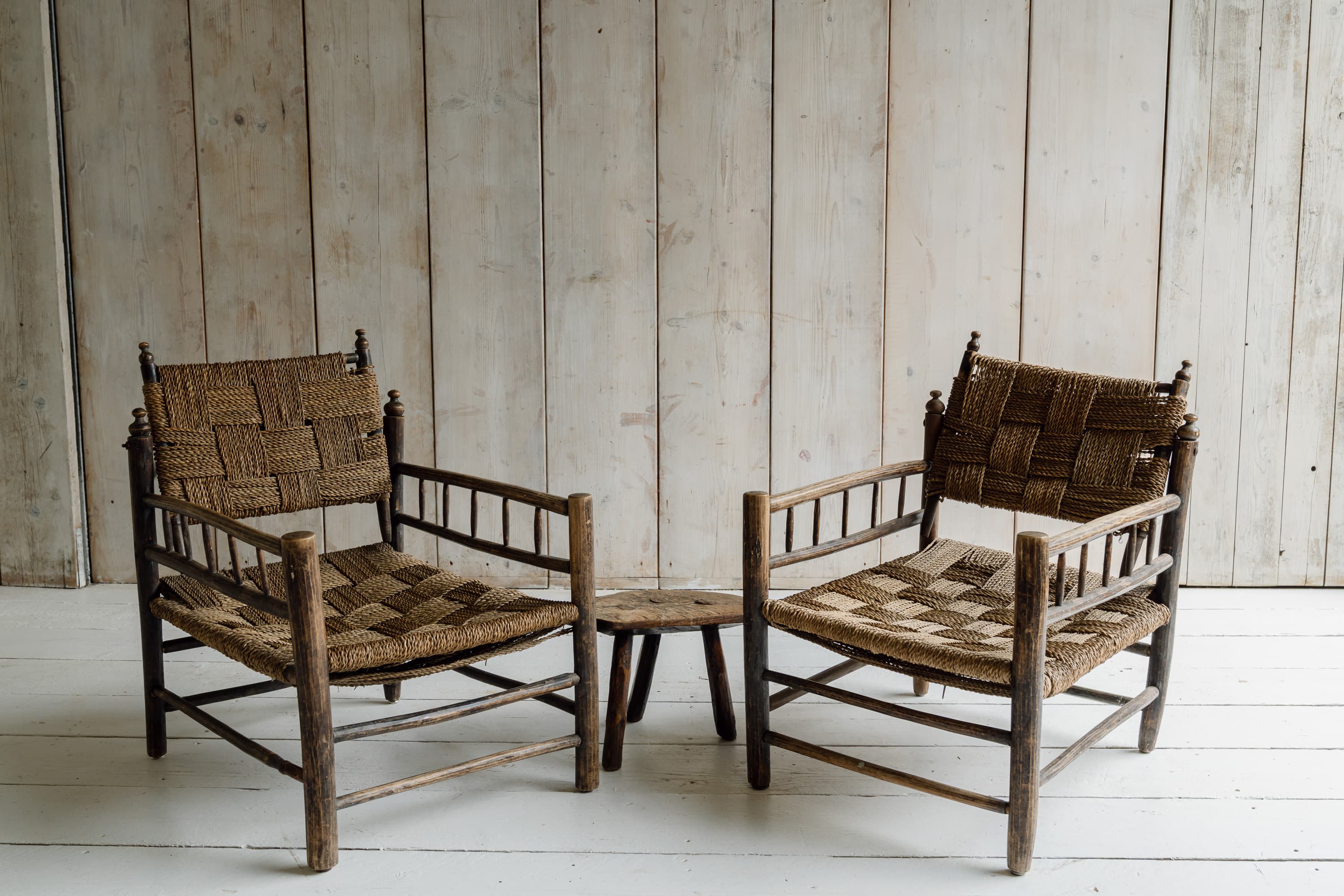 Pair of French Artisanal Woven Rope Lounge Armchairs, c.1950