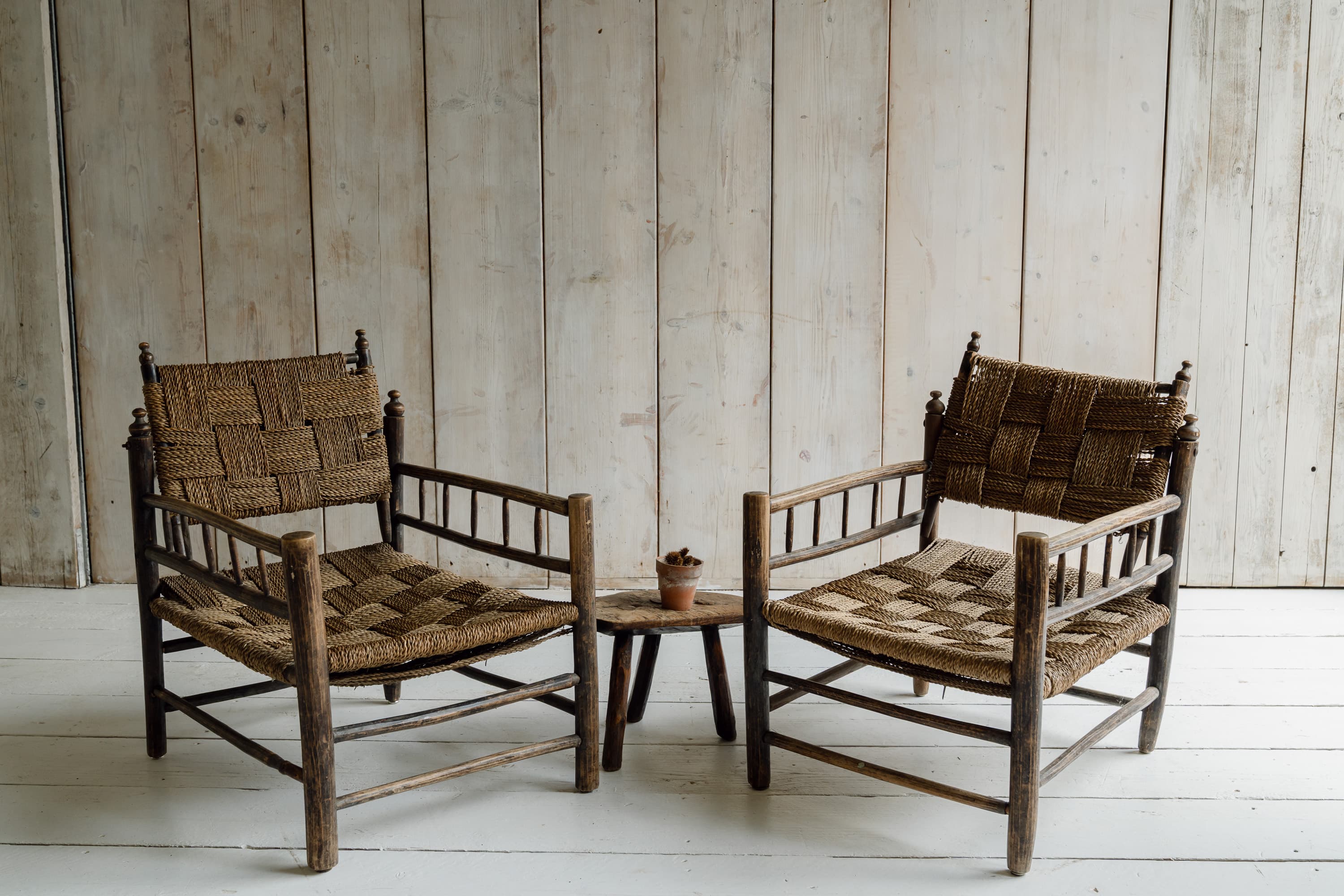 Pair of French Artisanal Woven Rope Lounge Armchairs, c.1950