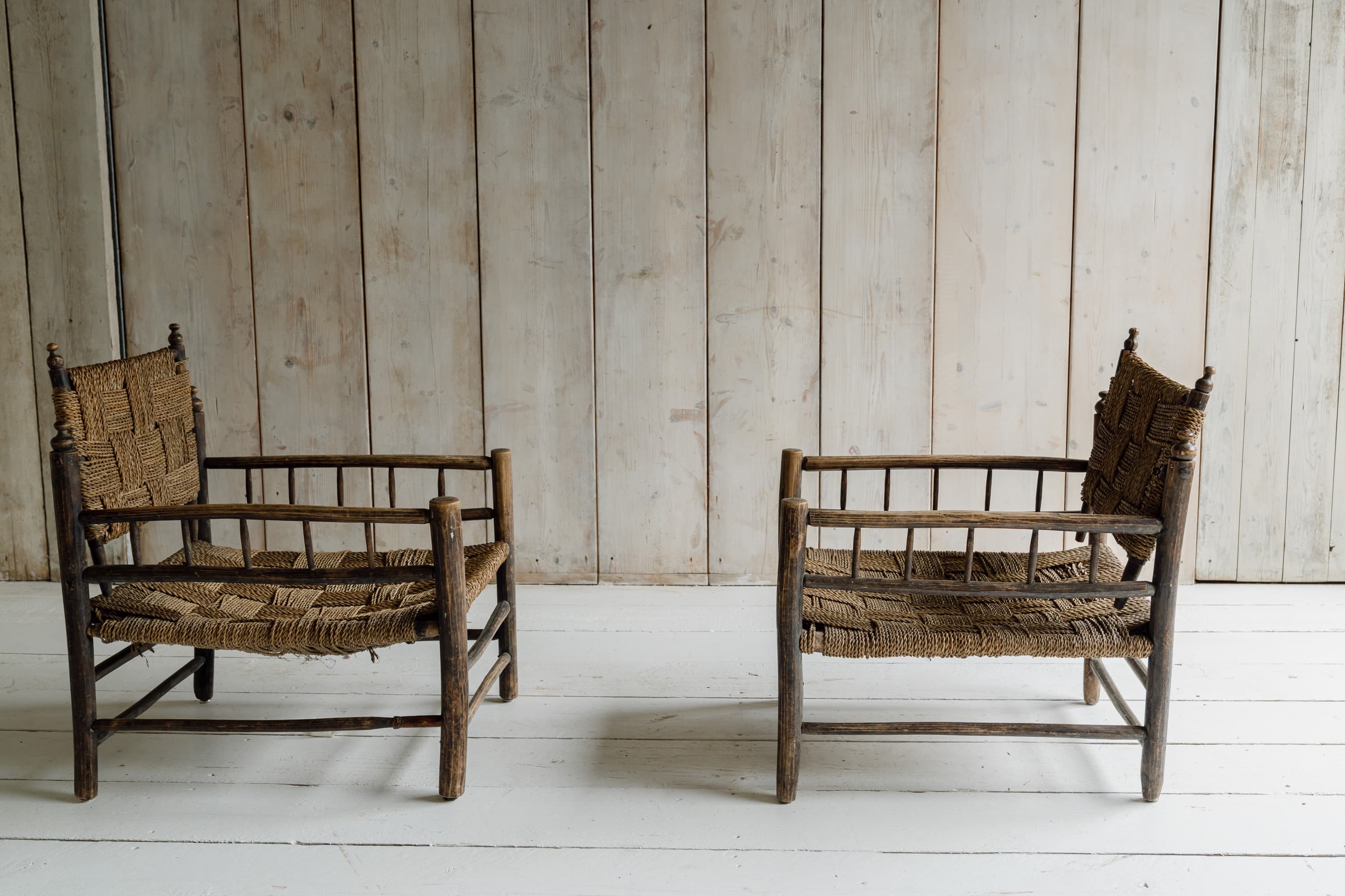 Pair of French Artisanal Woven Rope Lounge Armchairs, c.1950