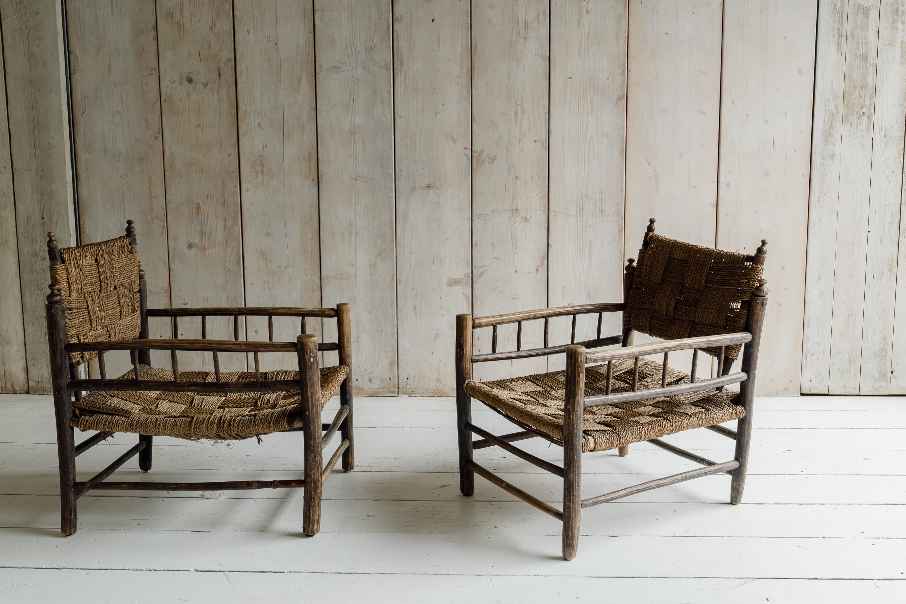 Pair of French Artisanal Woven Rope Lounge Armchairs, c.1950