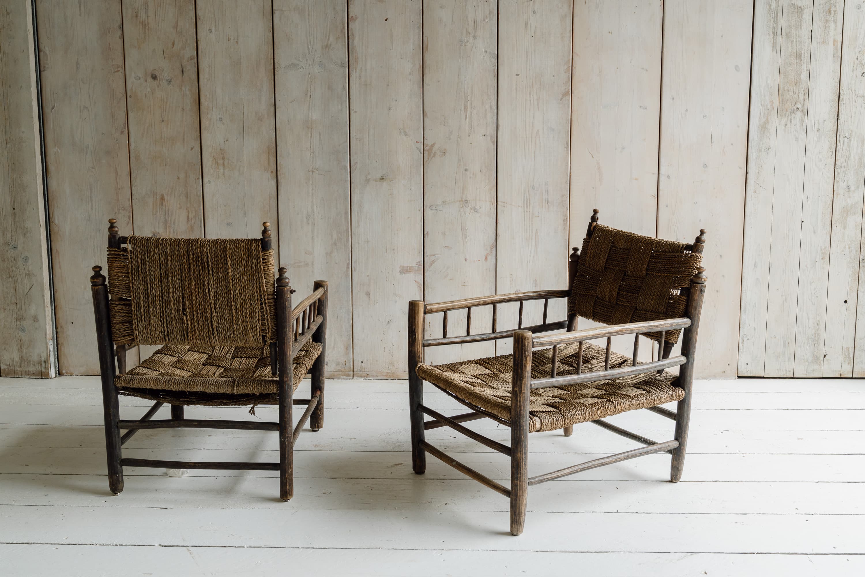 Pair of French Artisanal Woven Rope Lounge Armchairs, c.1950