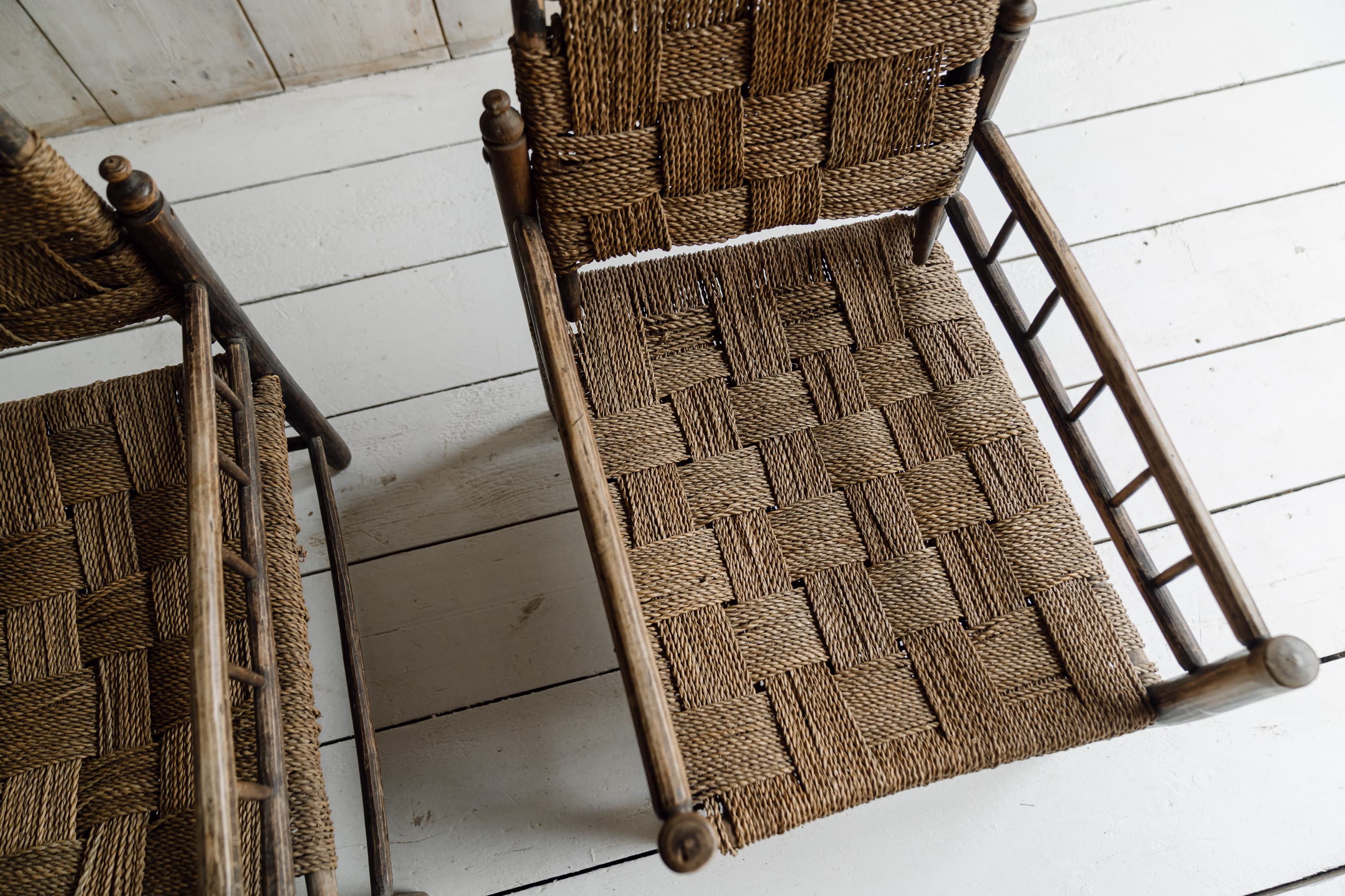 Pair of French Artisanal Woven Rope Lounge Armchairs, c.1950