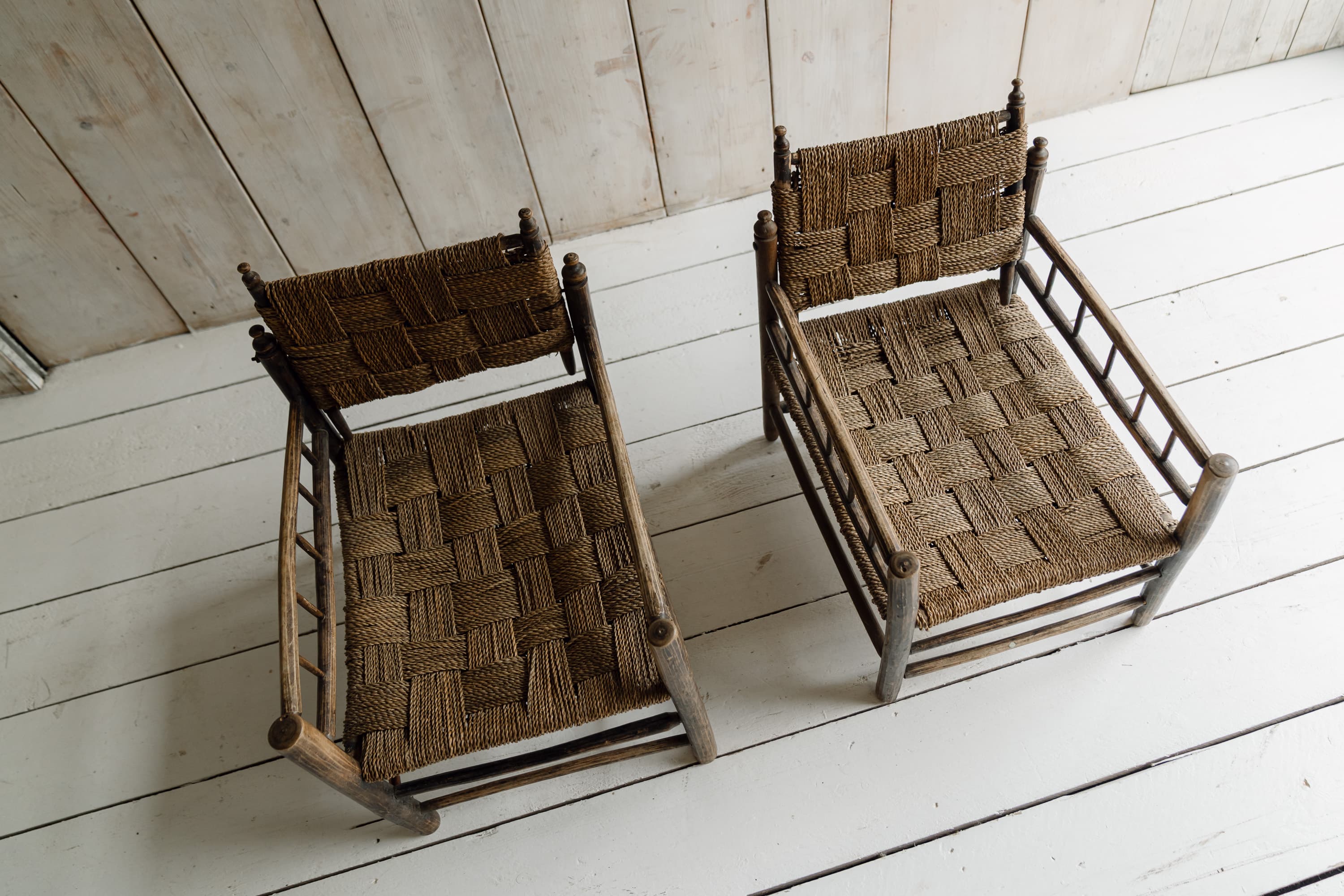 Pair of French Artisanal Woven Rope Lounge Armchairs, c.1950