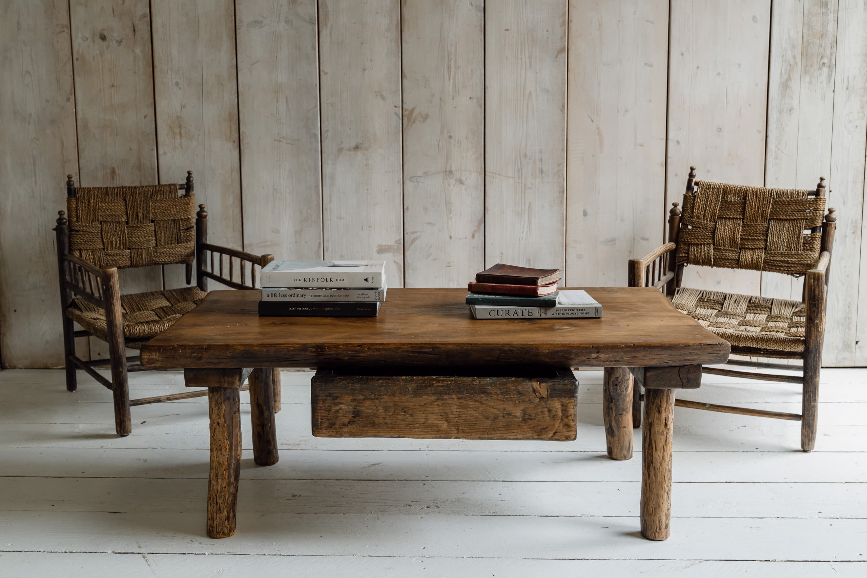 French Rustic Oak Slab Coffee Table with Deep Drawer