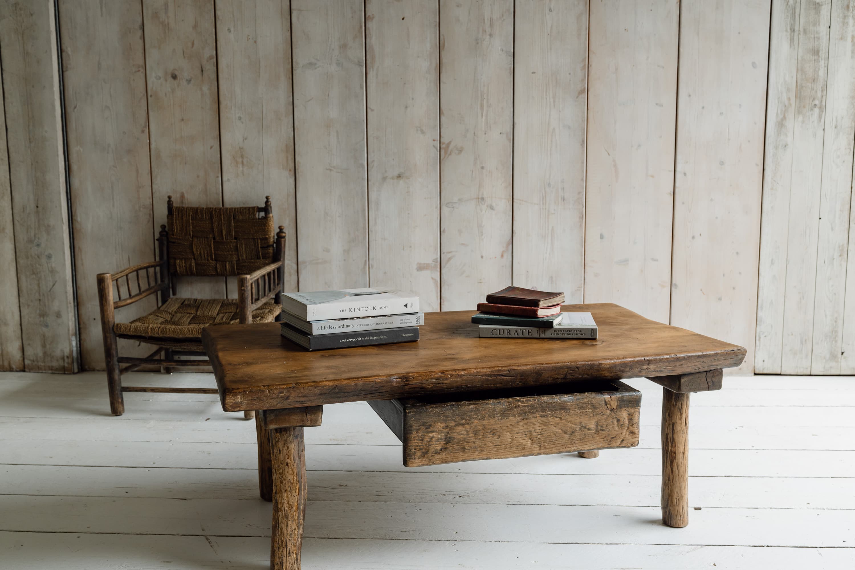 French Rustic Oak Slab Coffee Table with Deep Drawer