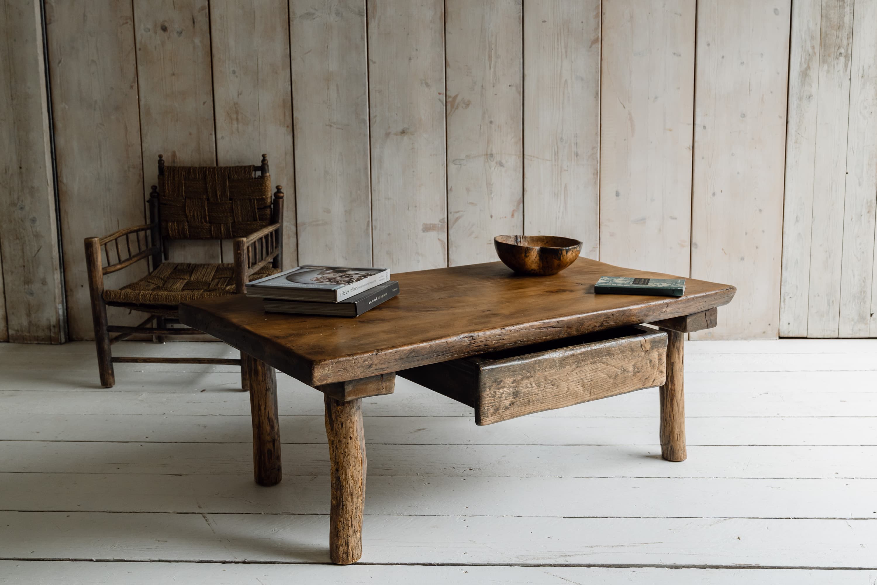 French Rustic Oak Slab Coffee Table with Deep Drawer