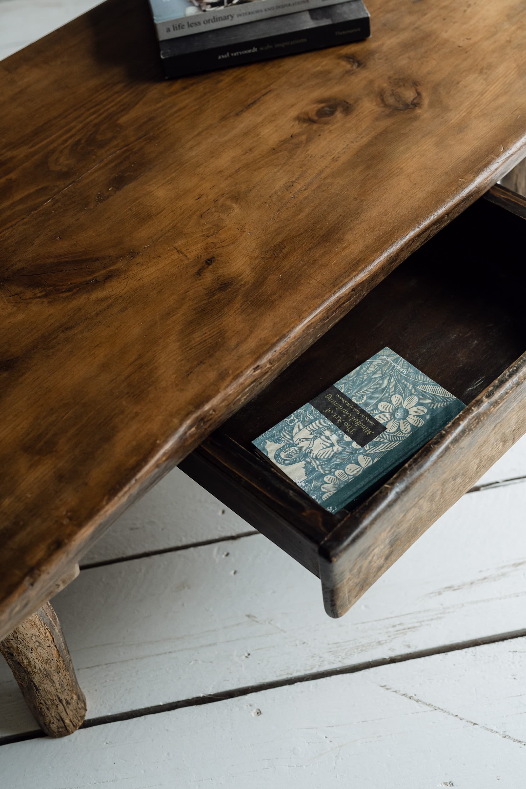 French Rustic Oak Slab Coffee Table with Deep Drawer