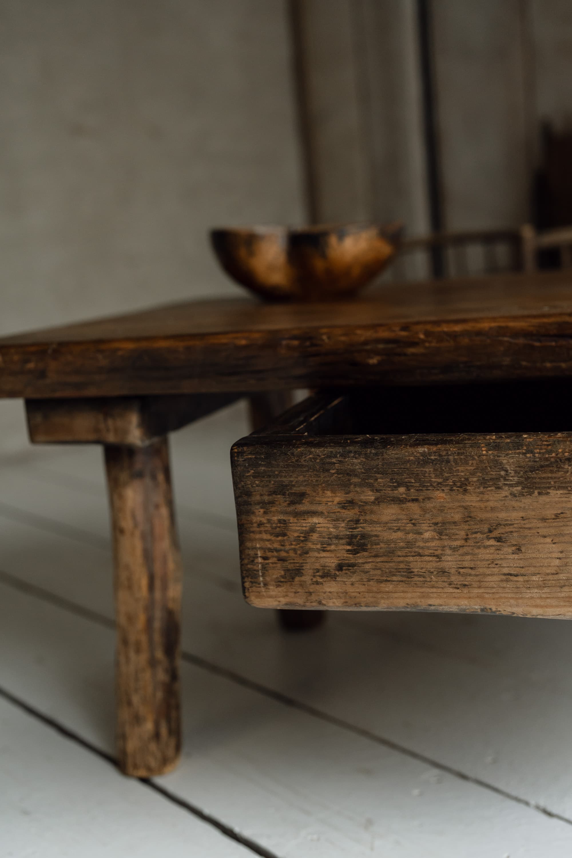 French Rustic Oak Slab Coffee Table with Deep Drawer