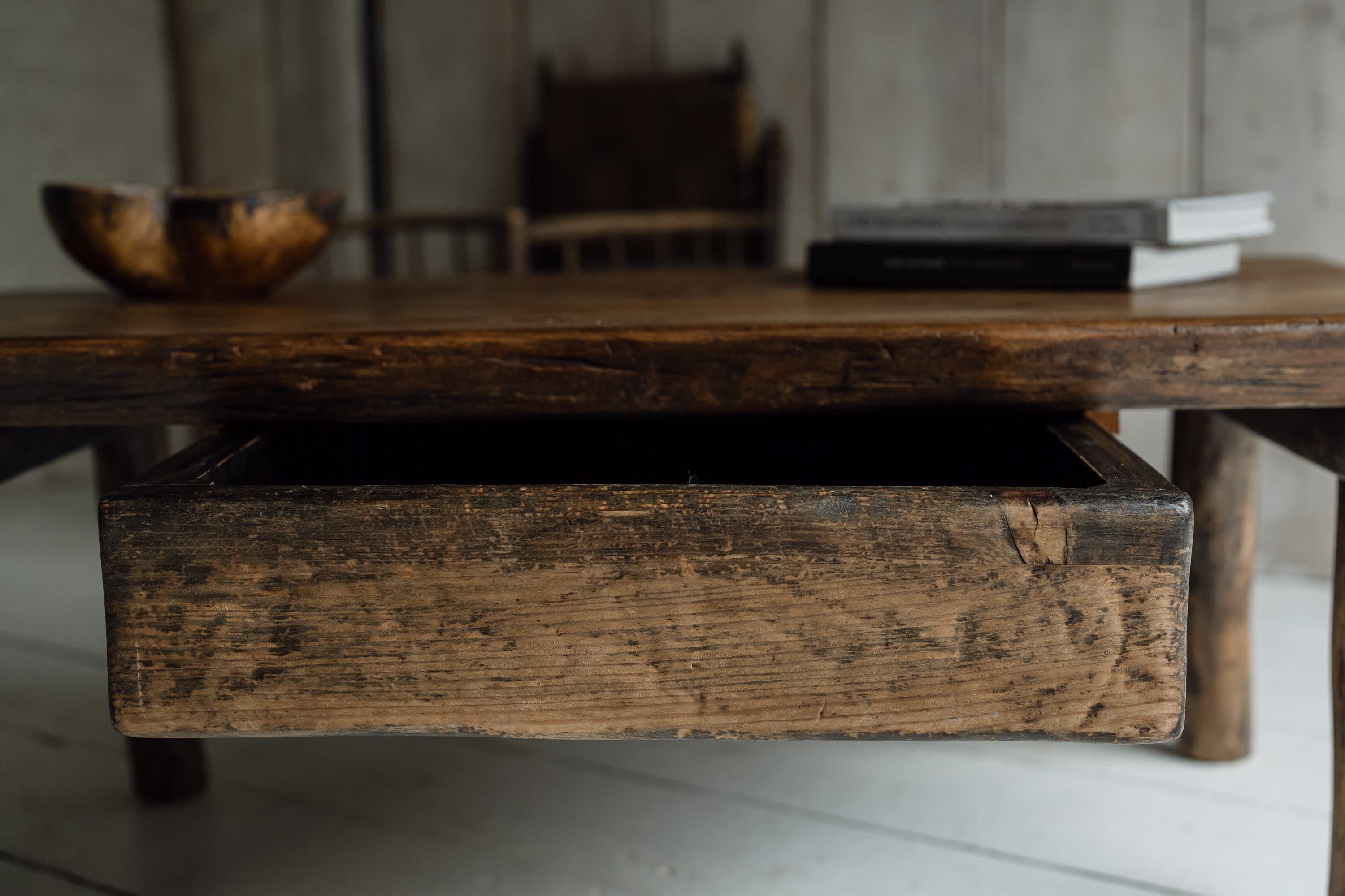 French Rustic Oak Slab Coffee Table with Deep Drawer
