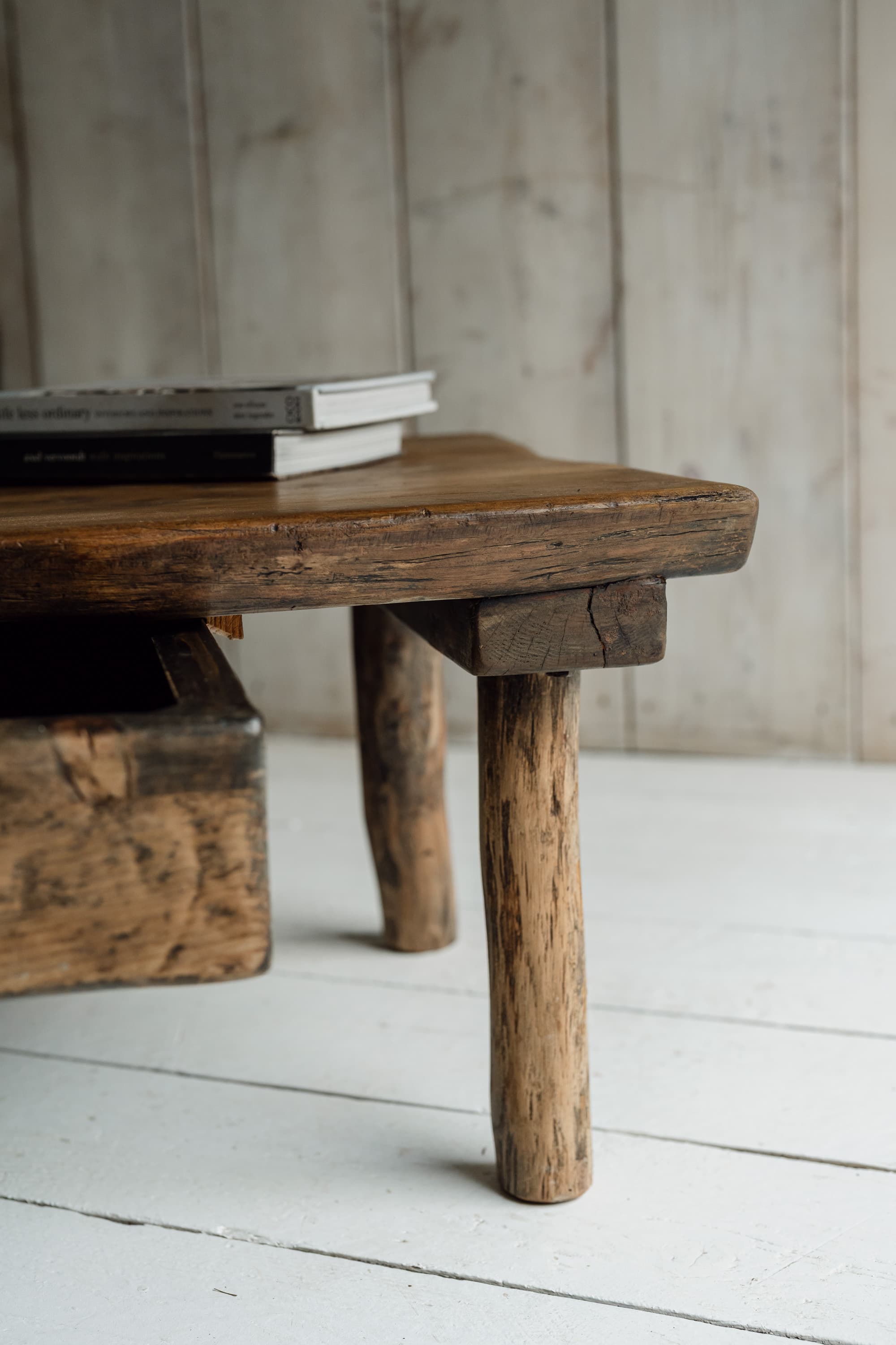 French Rustic Oak Slab Coffee Table with Deep Drawer