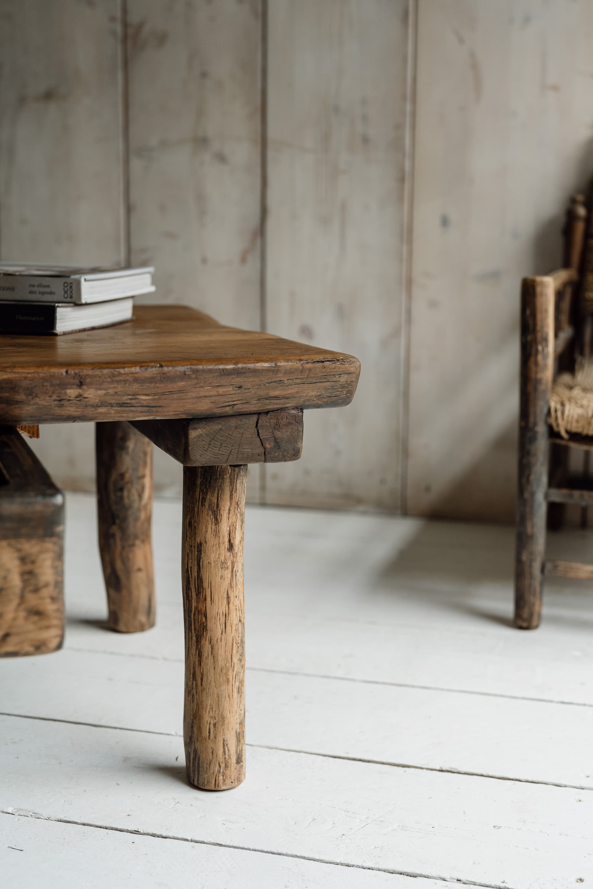 French Rustic Oak Slab Coffee Table with Deep Drawer