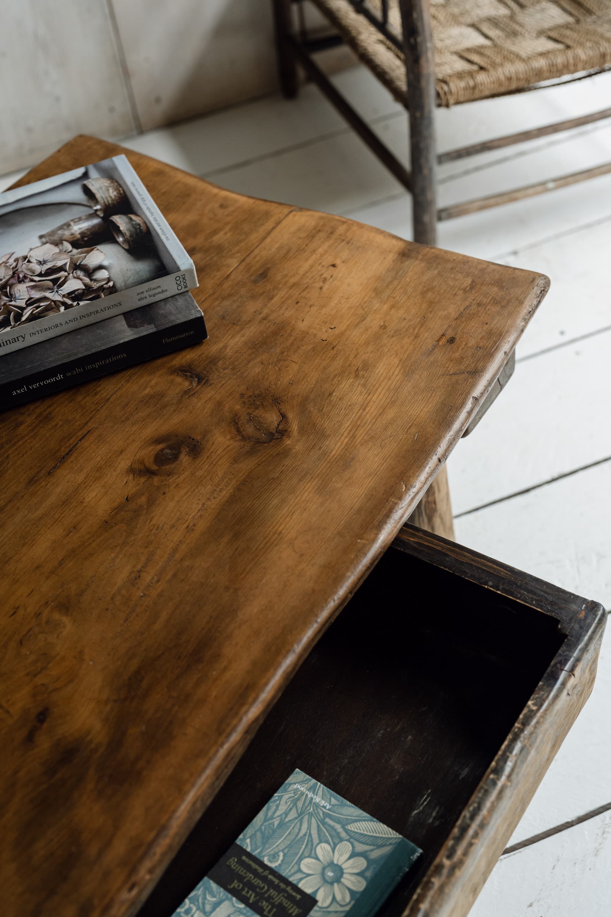 French Rustic Oak Slab Coffee Table with Deep Drawer