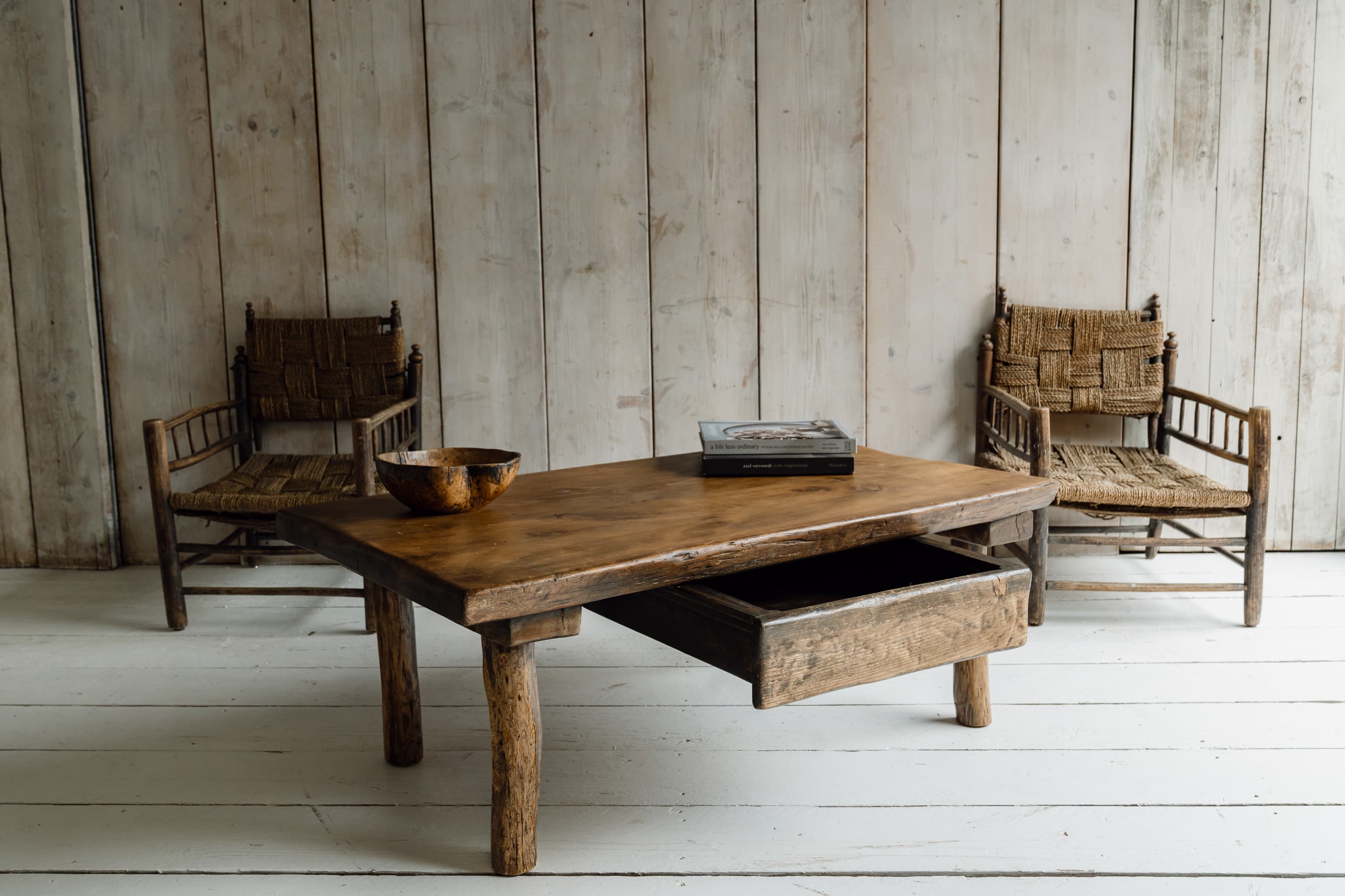 French Rustic Oak Slab Coffee Table with Deep Drawer