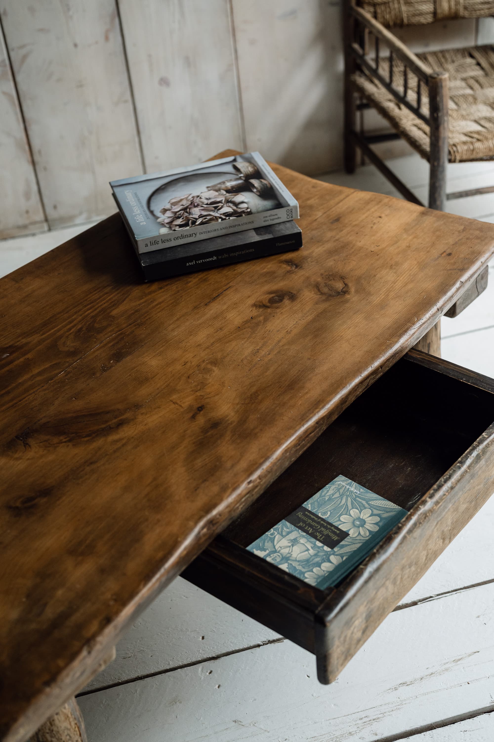 French Rustic Oak Slab Coffee Table with Deep Drawer