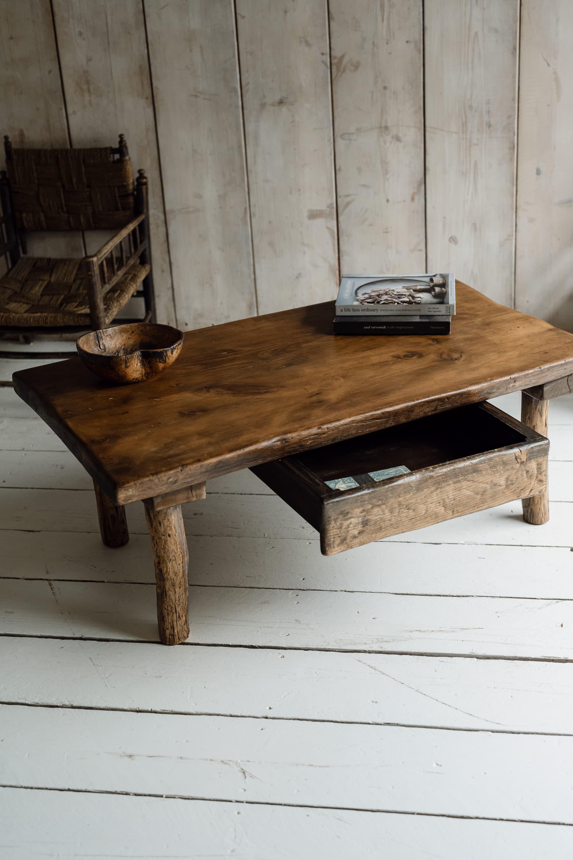 French Rustic Oak Slab Coffee Table with Deep Drawer