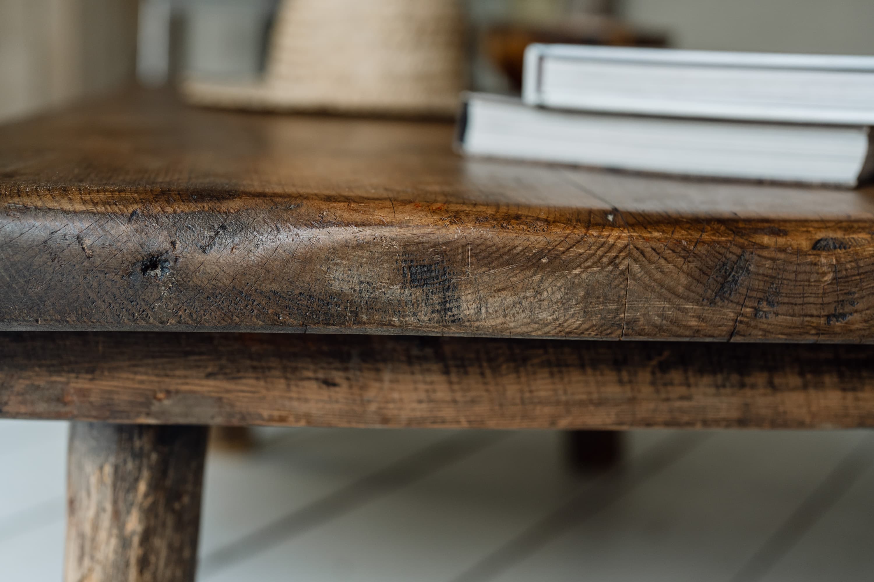 French Rustic Oak Slab Coffee Table with Deep Drawer