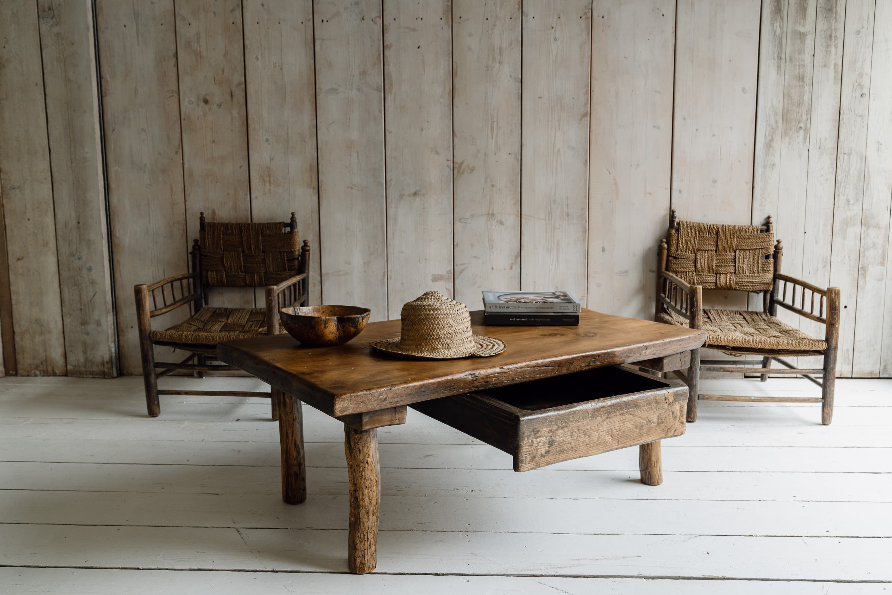 French Rustic Oak Slab Coffee Table with Deep Drawer