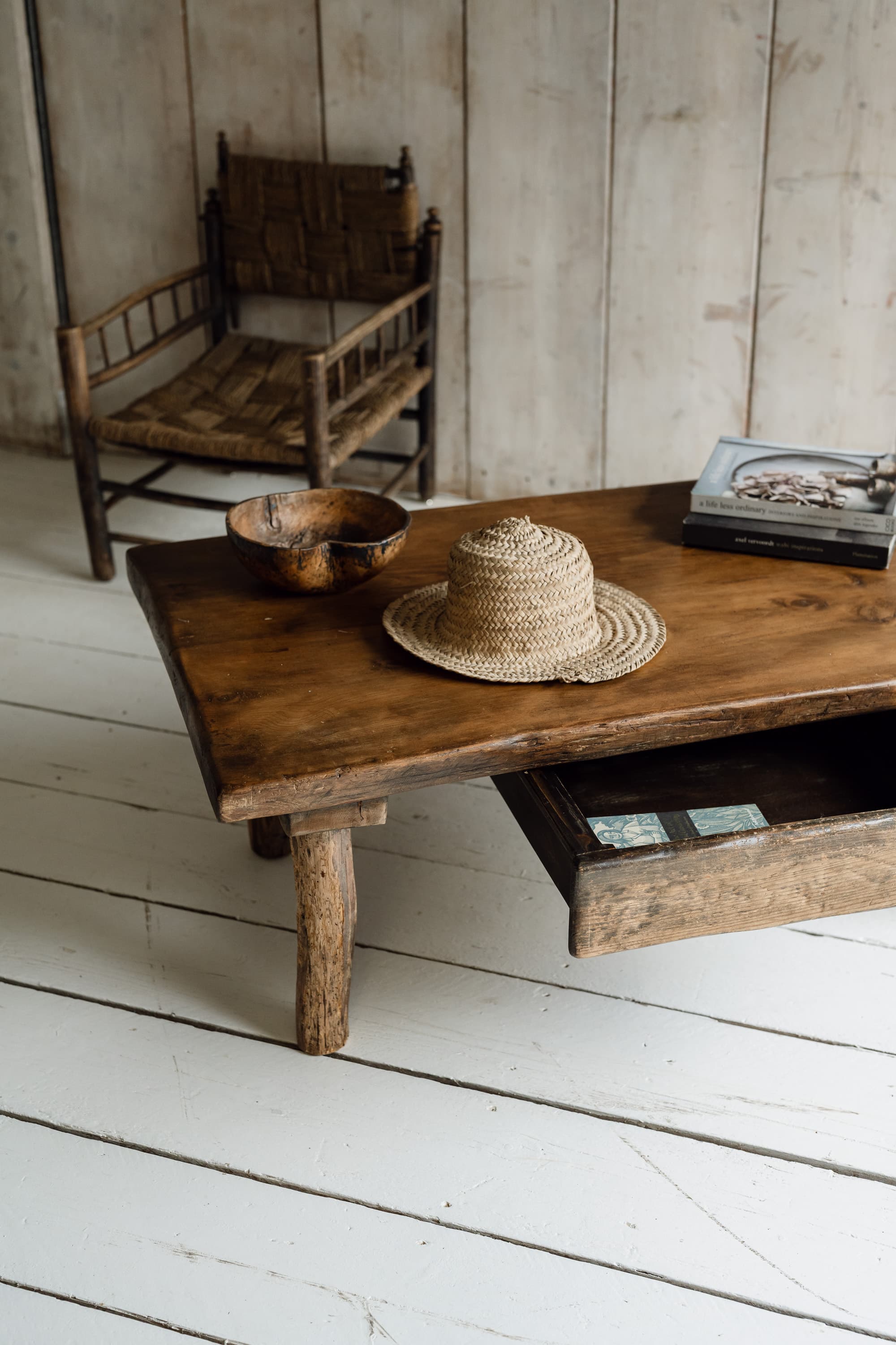 French Rustic Oak Slab Coffee Table with Deep Drawer