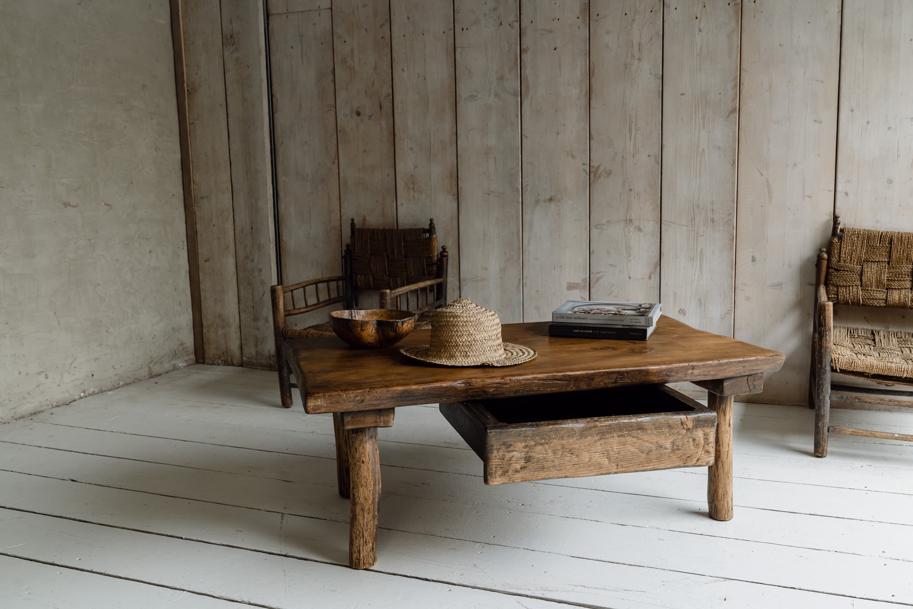 French Rustic Oak Slab Coffee Table with Deep Drawer