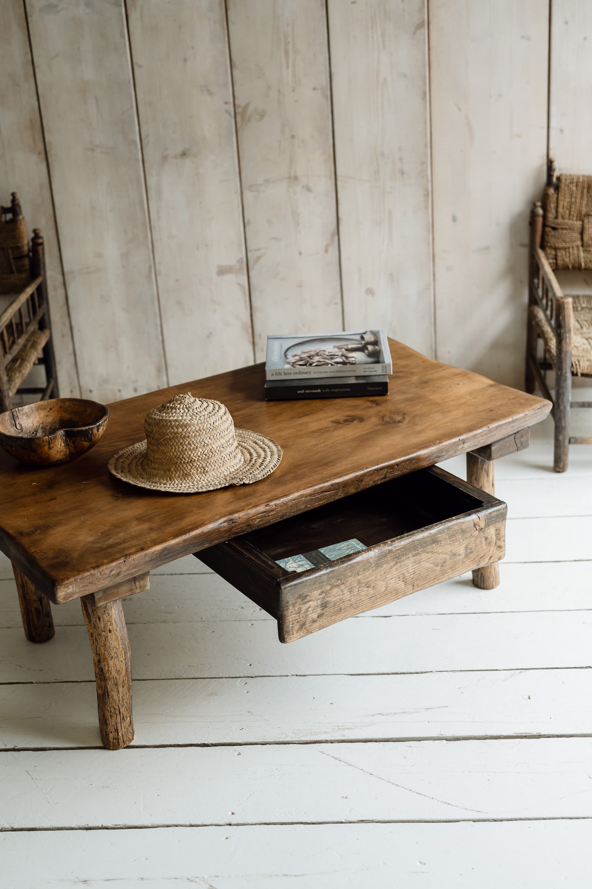 French Rustic Oak Slab Coffee Table with Deep Drawer