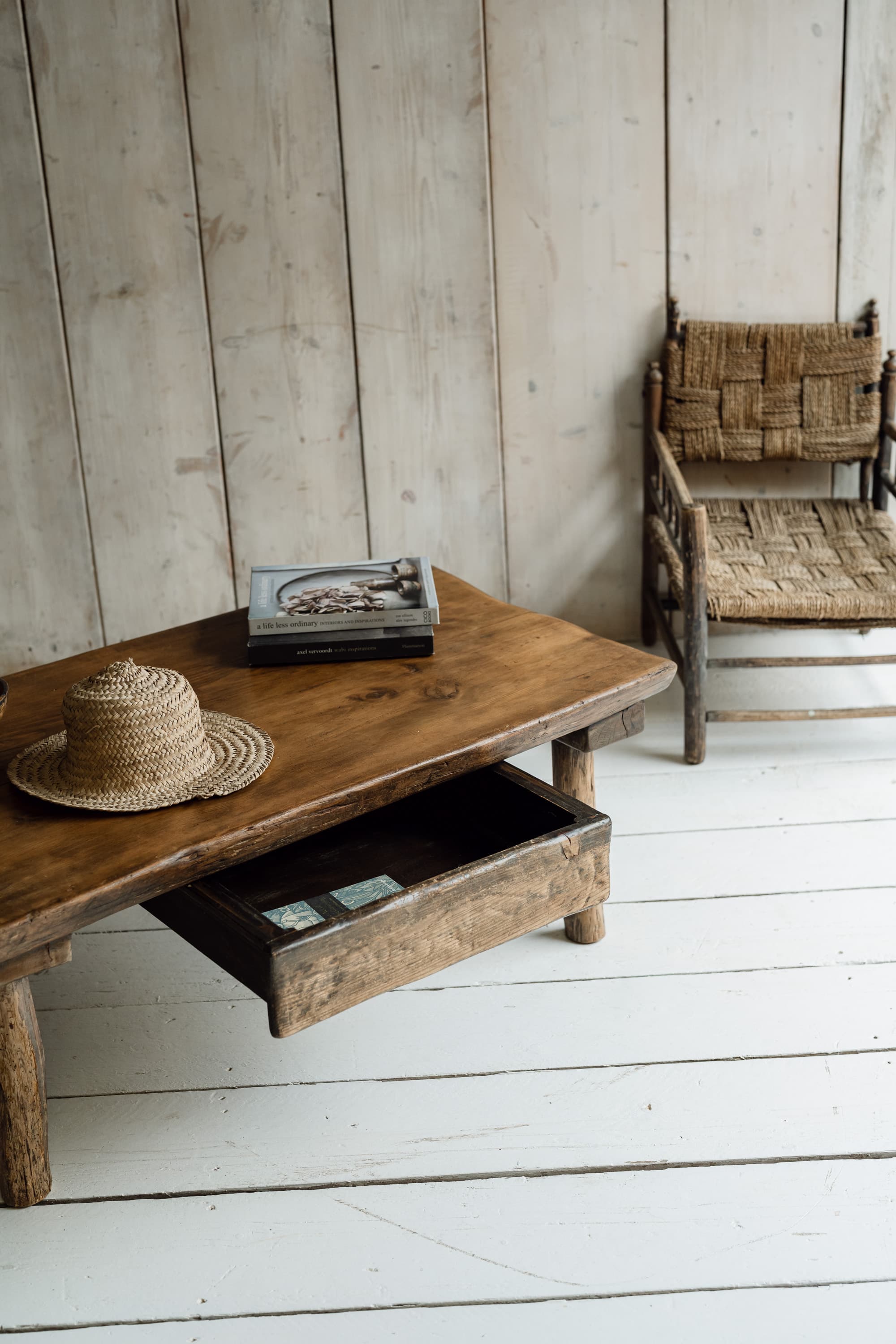 French Rustic Oak Slab Coffee Table with Deep Drawer