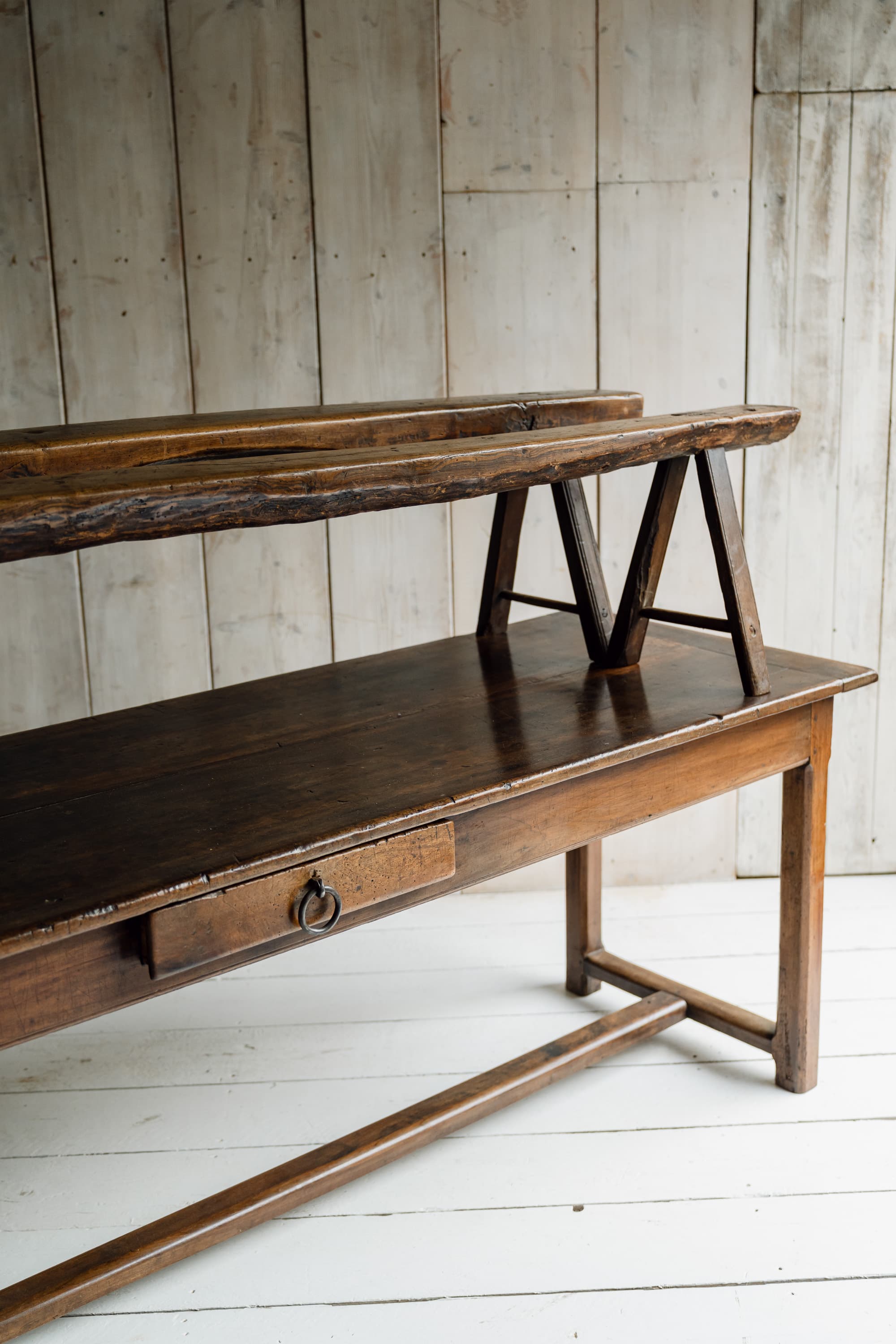 Exceptional French Alpine Chestnut Dining Table with Pair of Primitve Oak Benches, c.1850