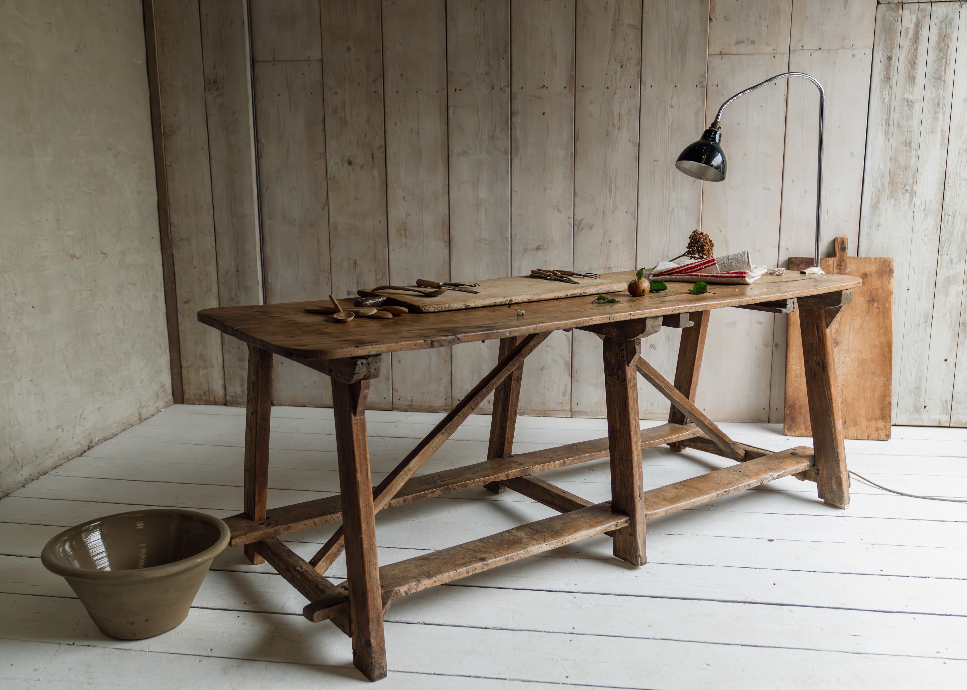Exceptional Catalan Chestnut Work Table with Original Foot Rests, c.1800