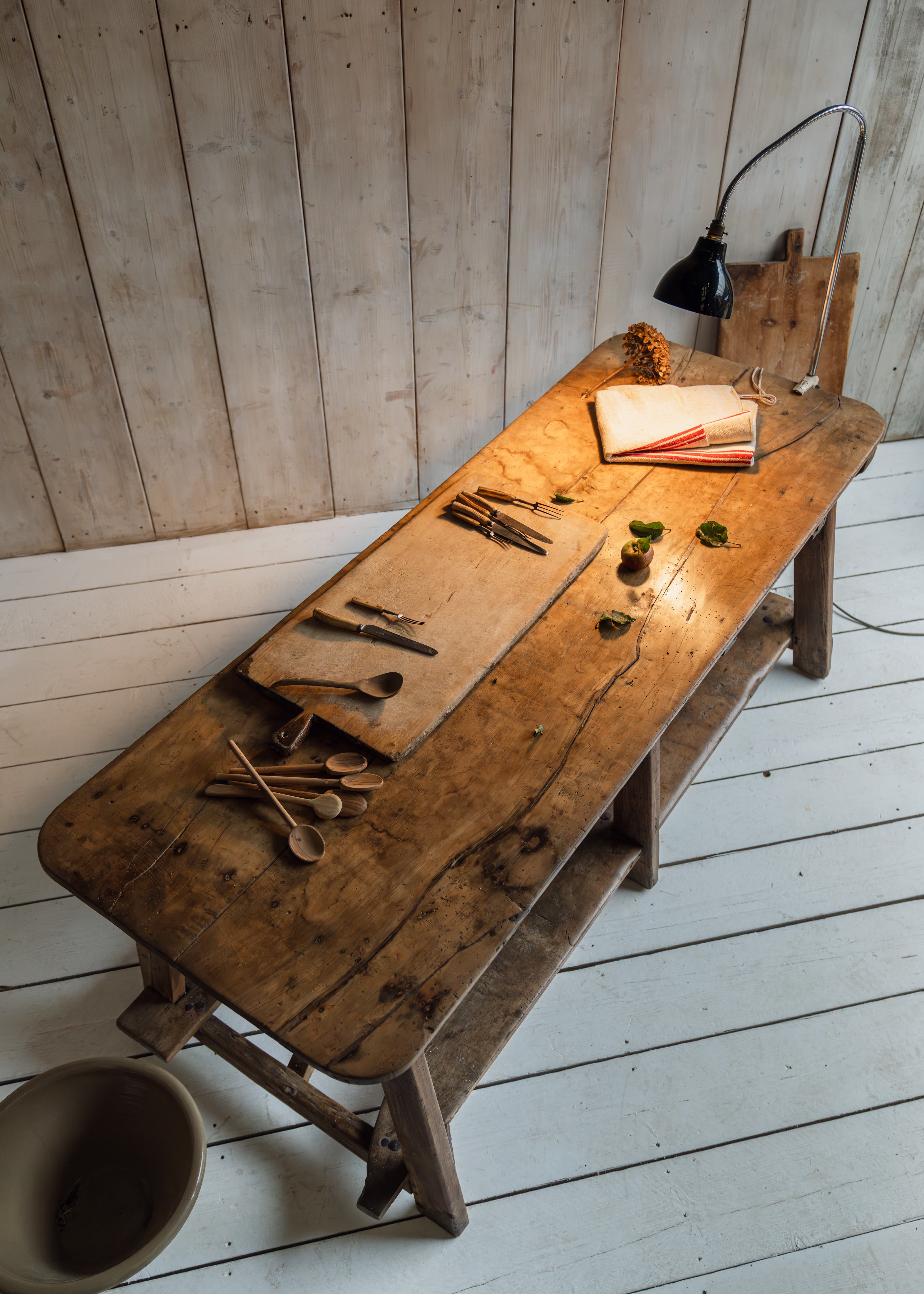 Exceptional Catalan Chestnut Work Table with Original Foot Rests, c.1800
