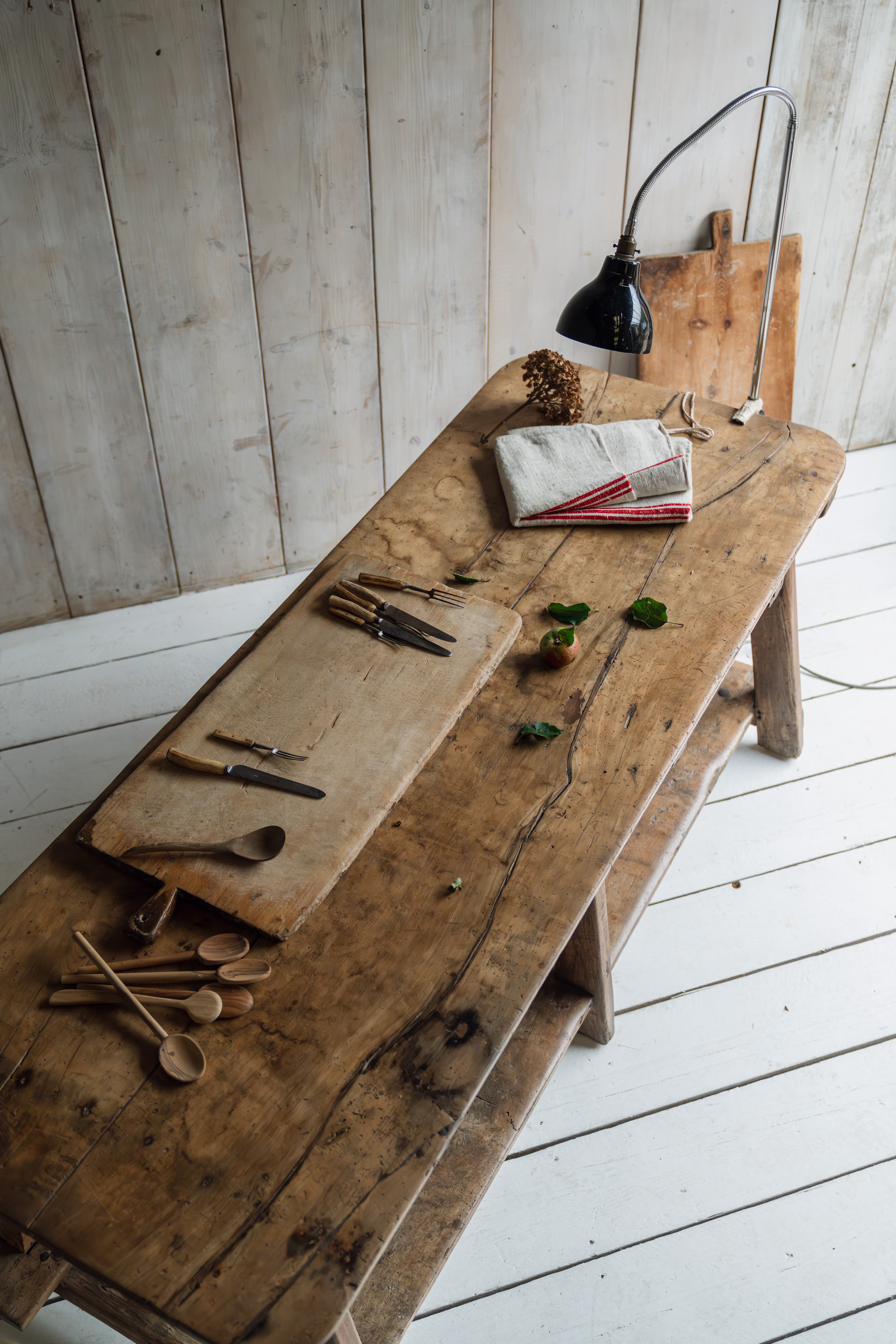 Exceptional Catalan Chestnut Work Table with Original Foot Rests, c.1800